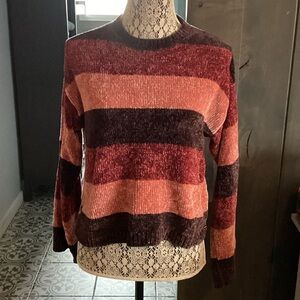 Cozy Volcom Chenille Striped Crew Neck Sweater - Burgundy and Coral EUC
